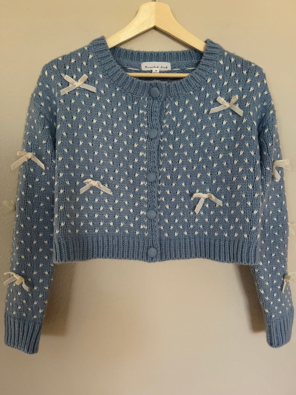Threaded Leaf Cropped Cardigan Blue Polka Dot Bows Sz M Cottagecore Cozy
